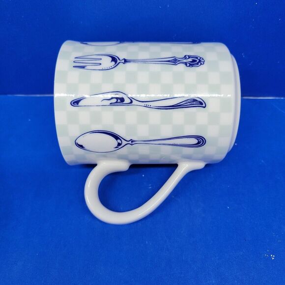Epoch Indonesia Knife & fork Teal Checkerboard Mugs set of 2 - Picture 6 of 11